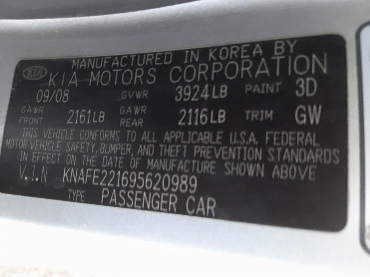 Photo 10 from auction – 2009 KIA SPECTRA EX with VIN KNAFE221695620989