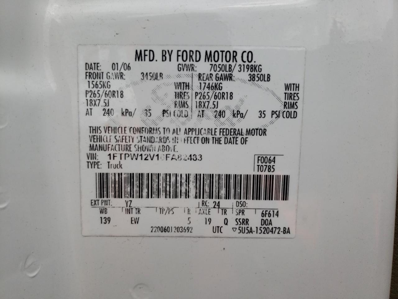 Photo 10 from auction – 2006 FORD F150 SUPER with VIN 1FTPW12V16FA82483
