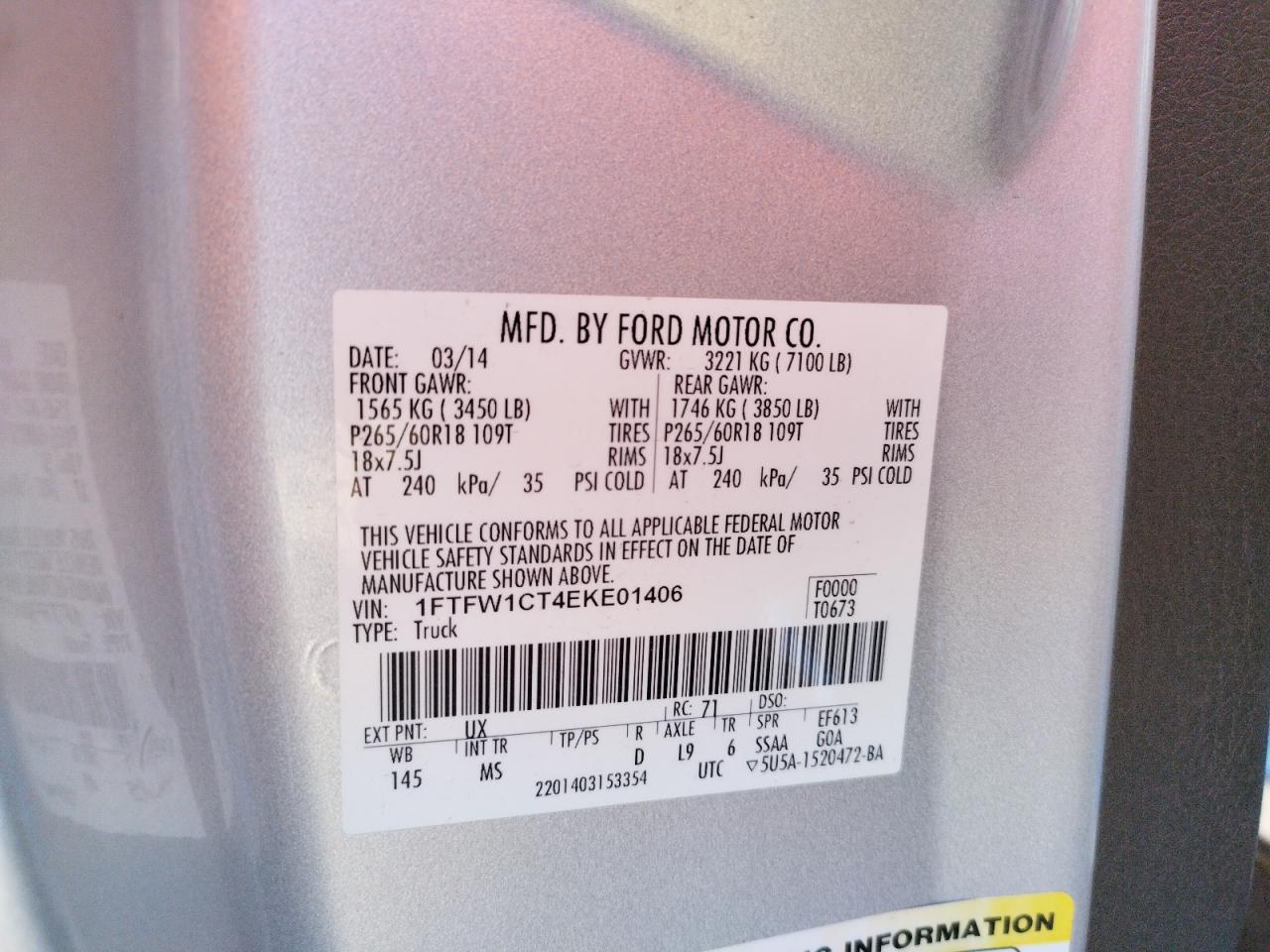 Photo 10 from auction – 2014 FORD F150 SUPER with VIN 1FTFW1CT4EKE01406