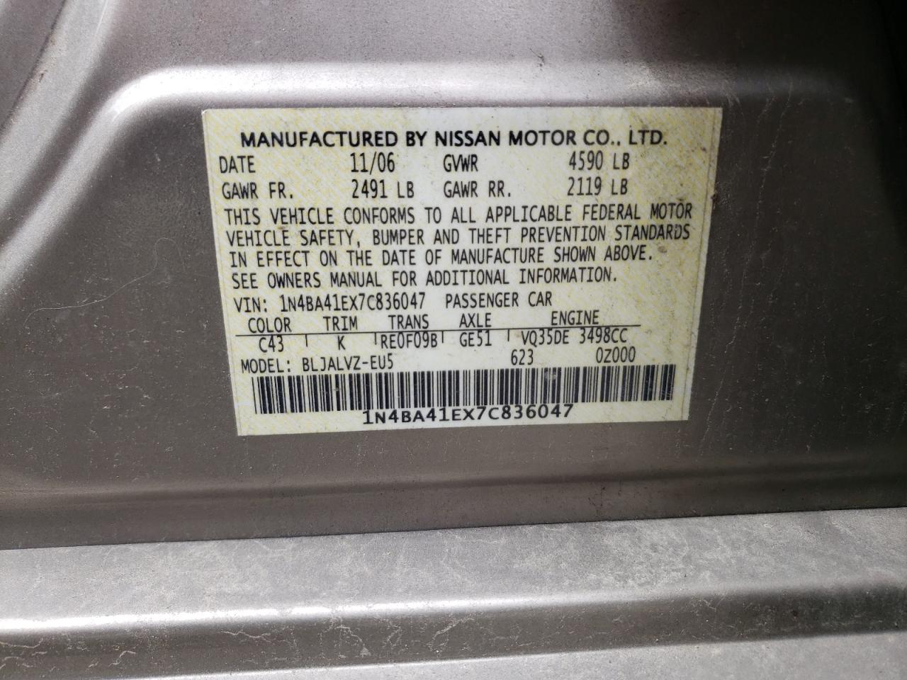 Photo 10 from auction – 2007 NISSAN MAXIMA SE with VIN 1N4BA41EX7C836047