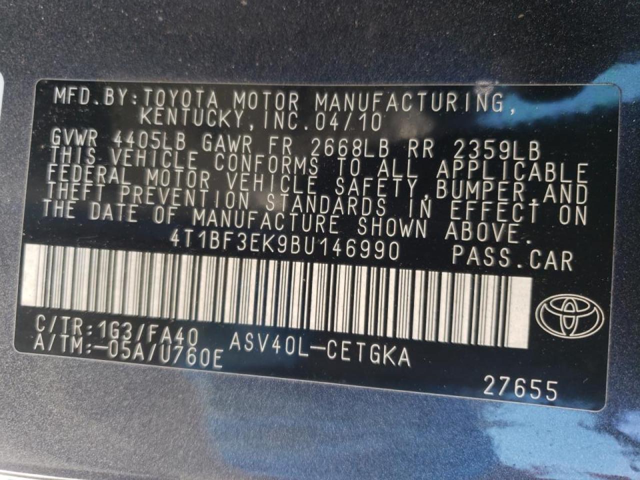 Photo 10 from auction – 2011 TOYOTA CAMRY BASE with VIN 4T1BF3EK9BU146990