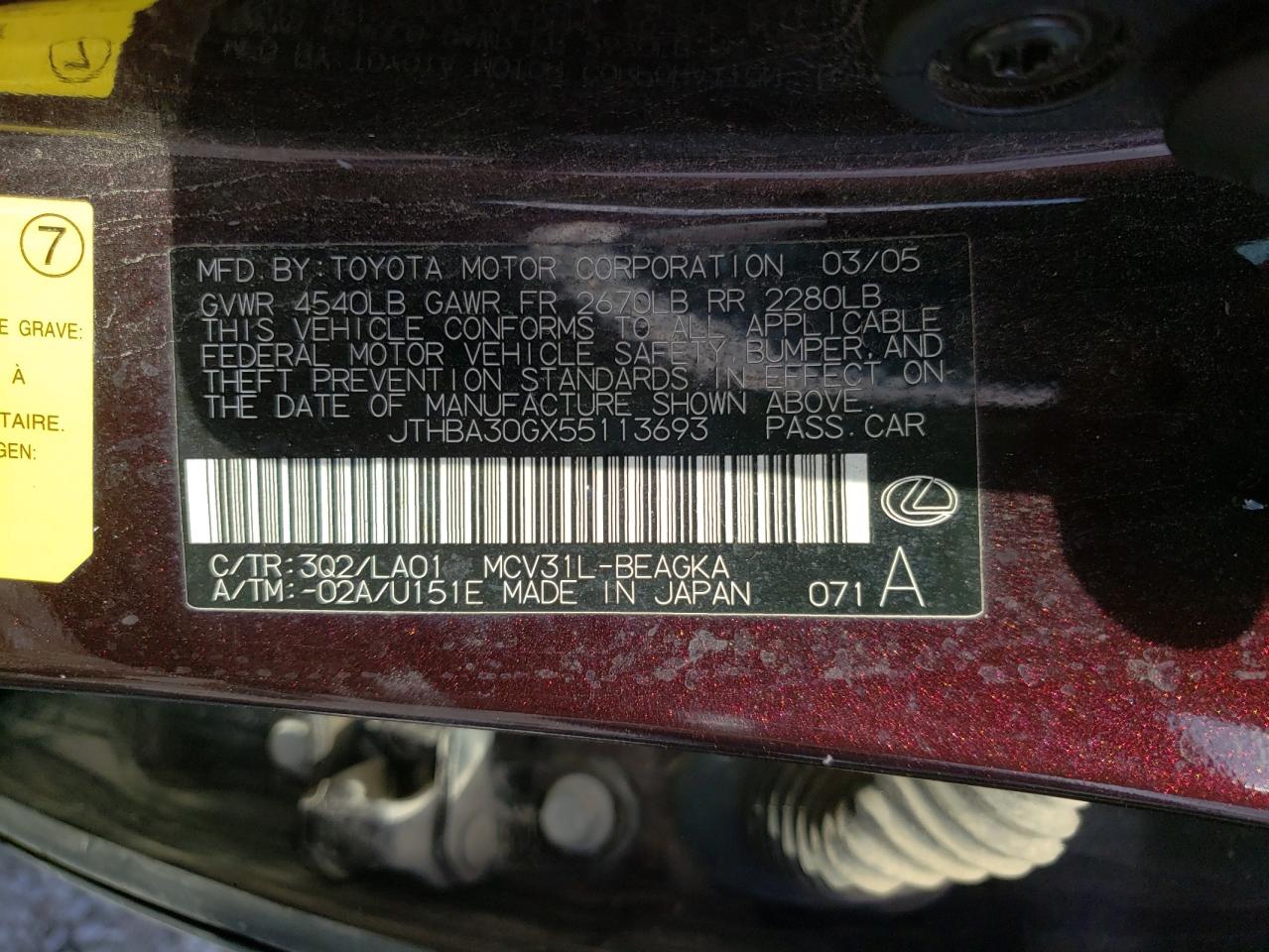 Photo 10 from auction – 2005 LEXUS ES 330 with VIN JTHBA30GX55113693