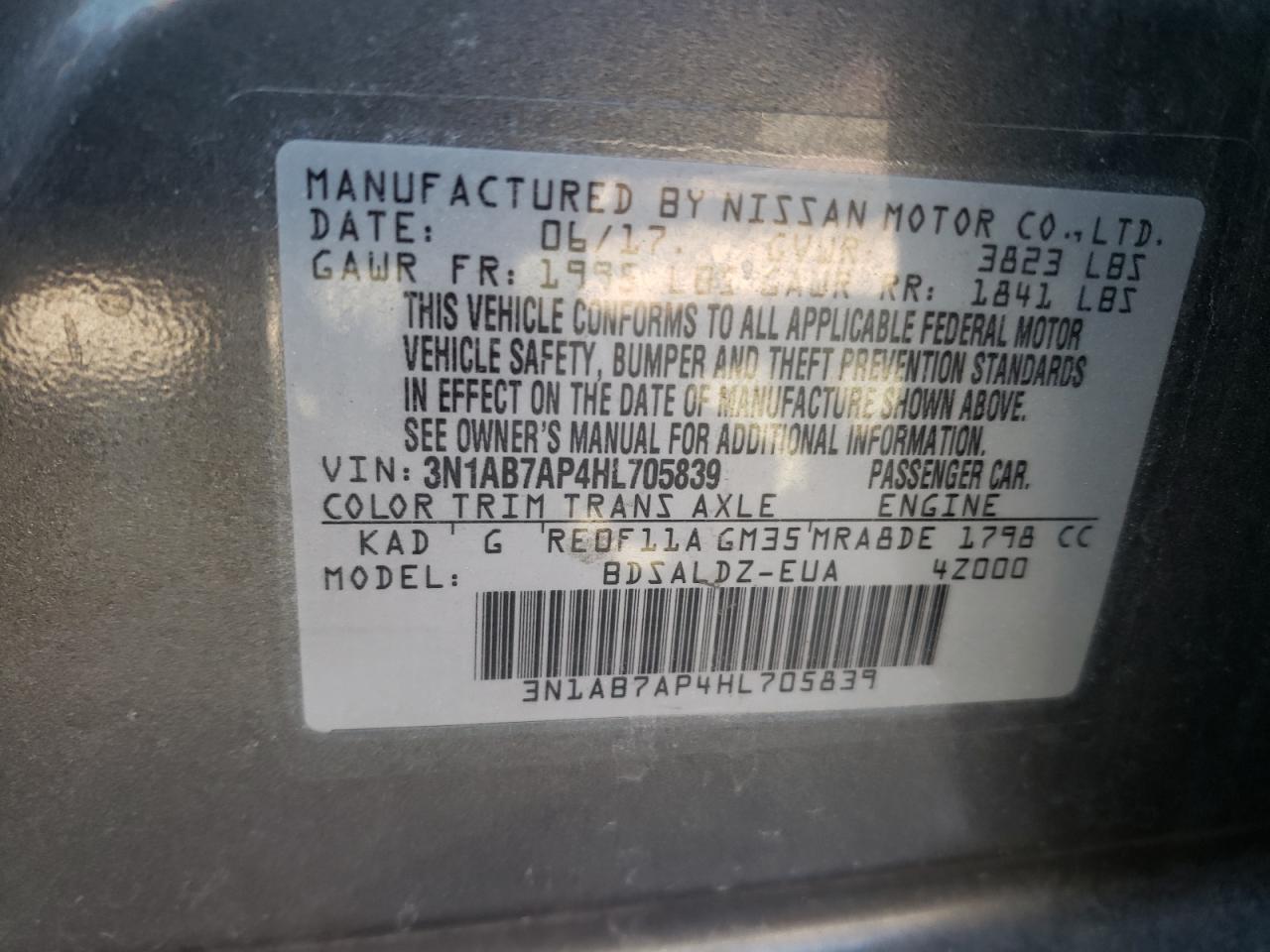 Photo 10 from auction – 2017 NISSAN SENTRA S with VIN 3N1AB7AP4HL705839