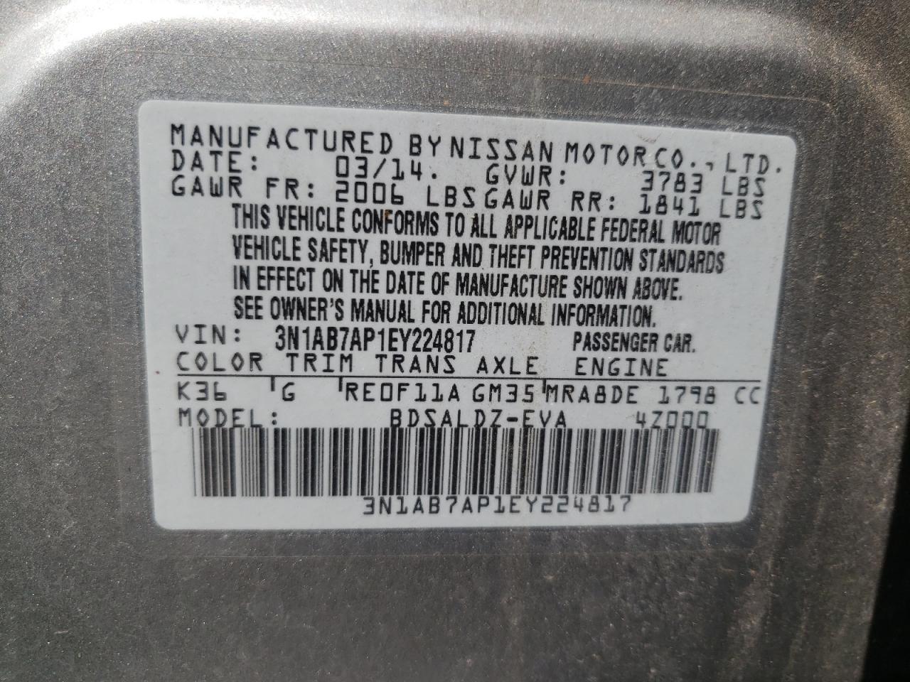 Photo 10 from auction – 2014 NISSAN SENTRA S with VIN 3N1AB7AP1EY224817