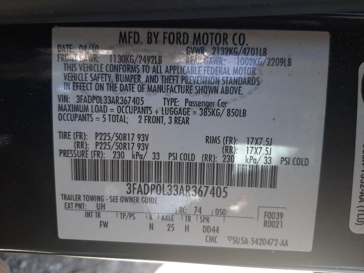Photo 10 from auction – 2010 FORD FUSION HYB with VIN 3FADP0L33AR367405