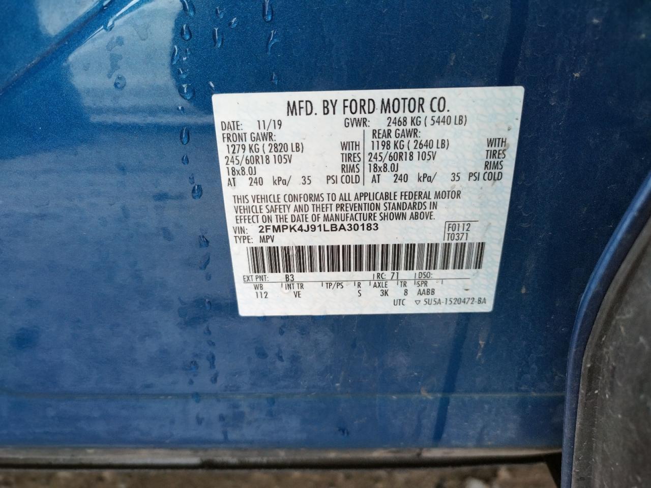 Photo 10 from auction – 2020 FORD EDGE SEL with VIN 2FMPK4J91LBA30183