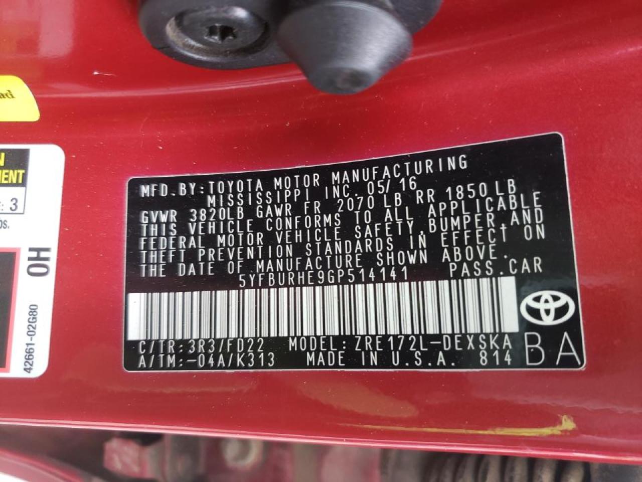 Photo 10 from auction – 2016 TOYOTA COROLLA L with VIN 5YFBURHE9GP514141