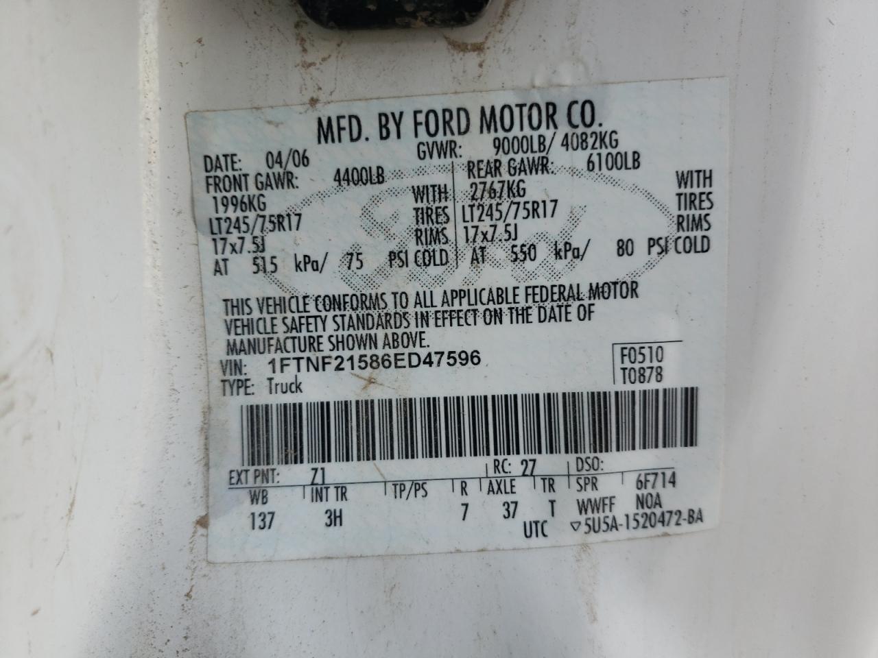 Photo 10 from auction – 2006 FORD F250 SUPER with VIN 1FTNF21586ED47596