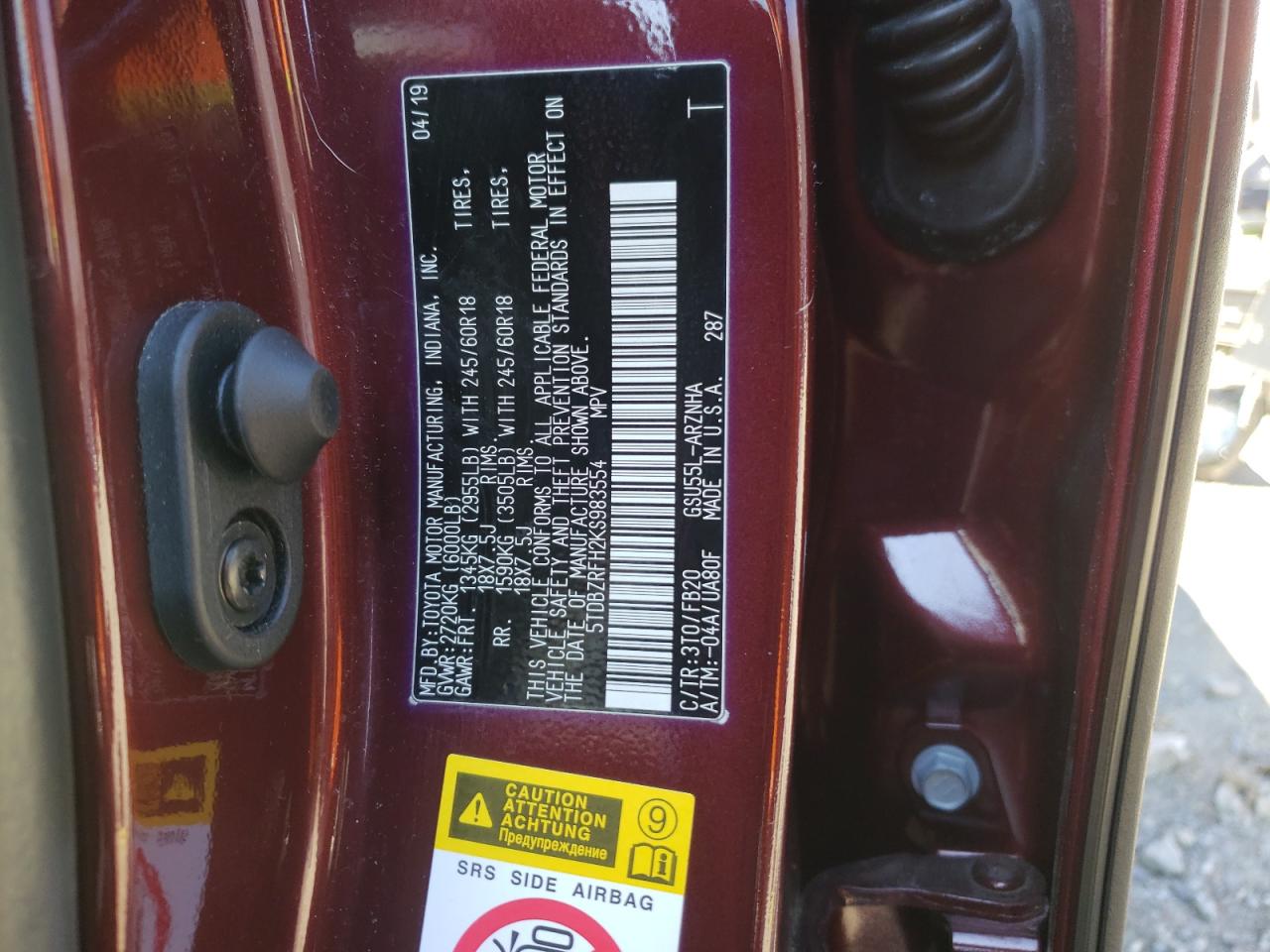 Photo 10 from auction – 2019 TOYOTA HIGHLANDER with VIN 5TDBZRFH2KS983554