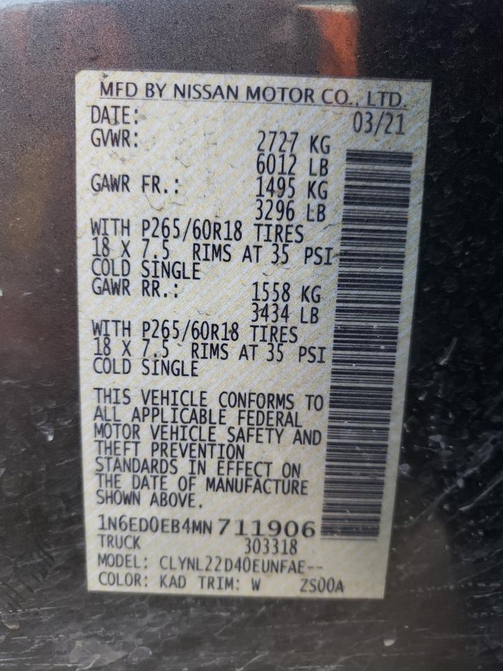 Photo 10 from auction – 2021 NISSAN FRONTIER S with VIN 1N6ED0EB4MN711906