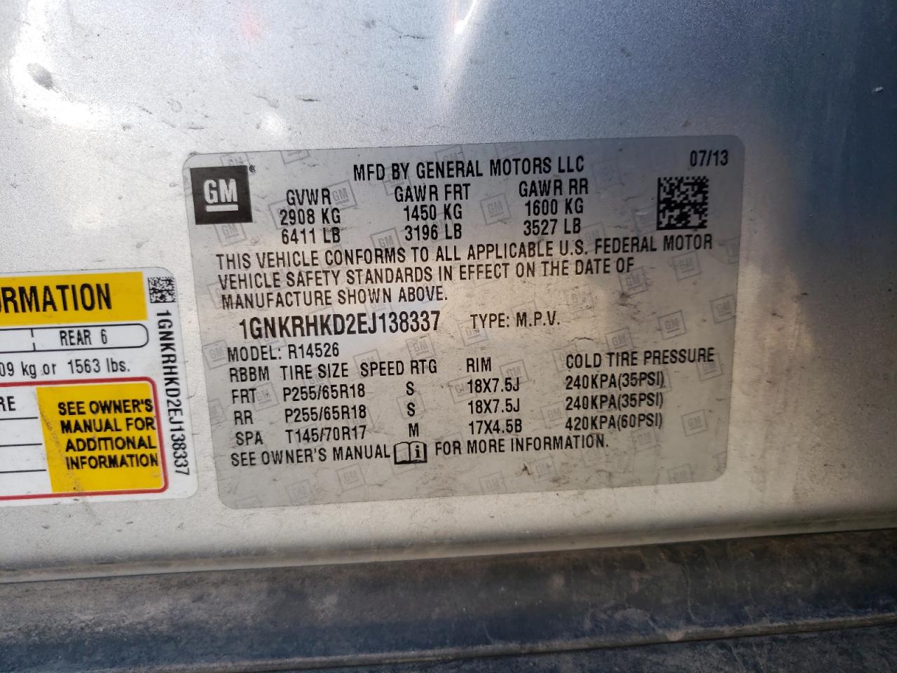 Photo 10 from auction – 2014 CHEVROLET TRAVERSE L with VIN 1GNKRHKD2EJ138337