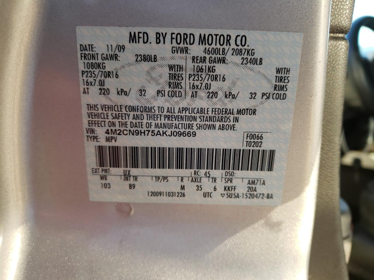 Photo 10 from auction – 2010 MERCURY MARINER PR with VIN 4M2CN9H75AKJ09669