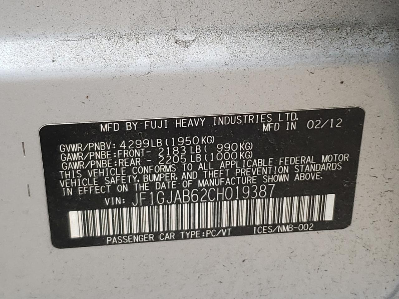 Photo 10 from auction – 2012 SUBARU IMPREZA PR with VIN JF1GJAB62CH019387