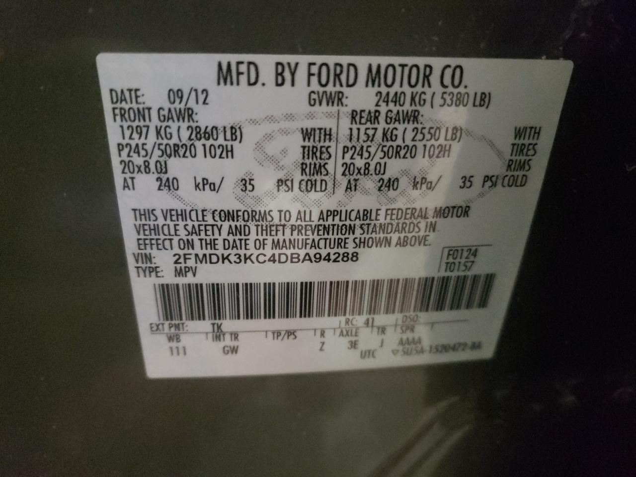 Photo 10 from auction – 2013 FORD EDGE LIMIT with VIN 2FMDK3KC4DBA94288