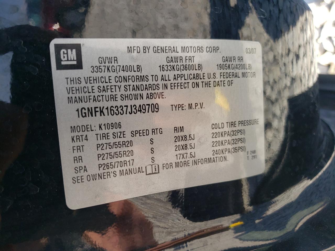 Photo 10 from auction – 2007 CHEVROLET SUBURBAN K with VIN 1GNFK16337J349709