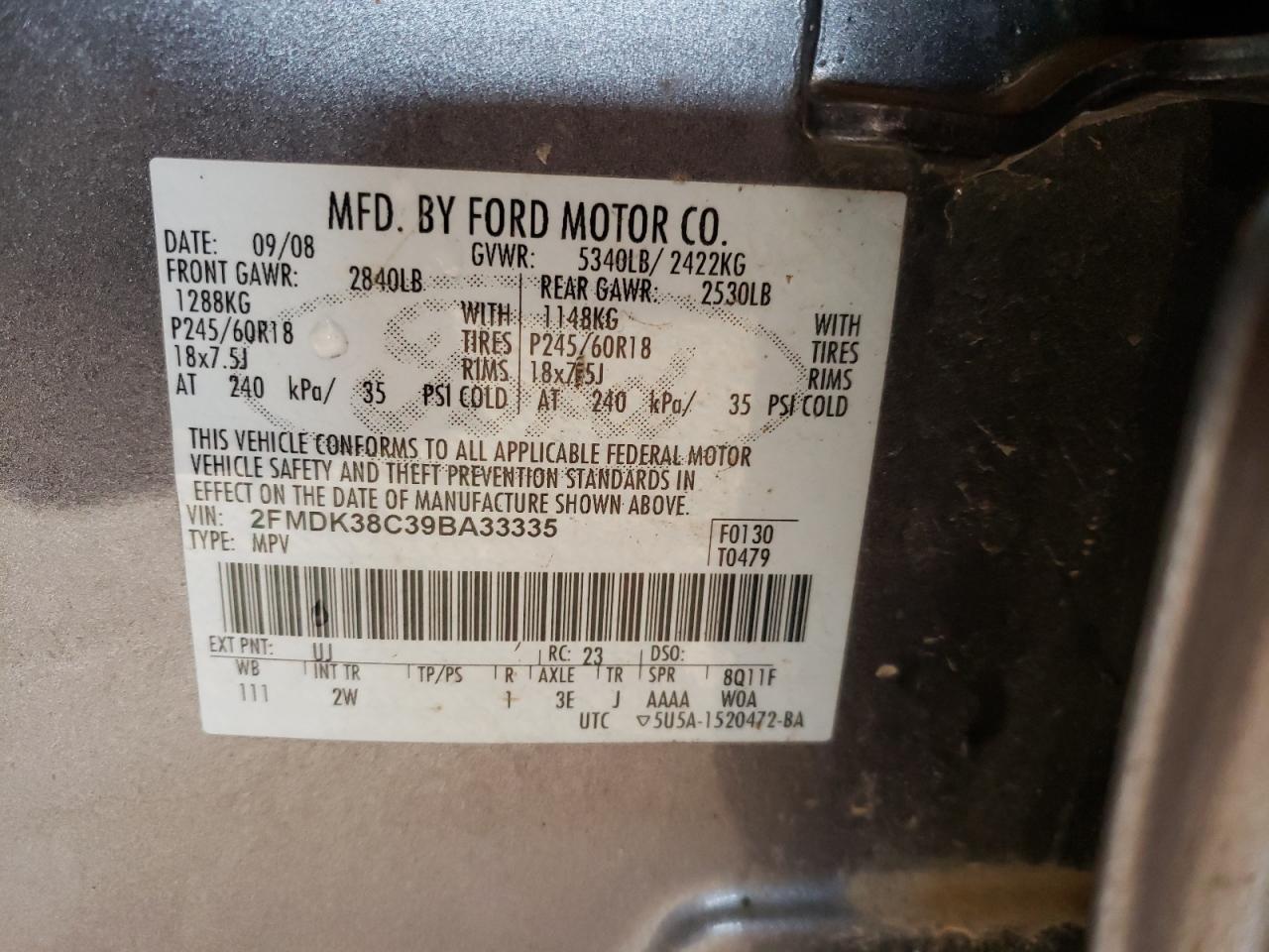 Photo 10 from auction – 2009 FORD EDGE SEL with VIN 2FMDK38C39BA33335
