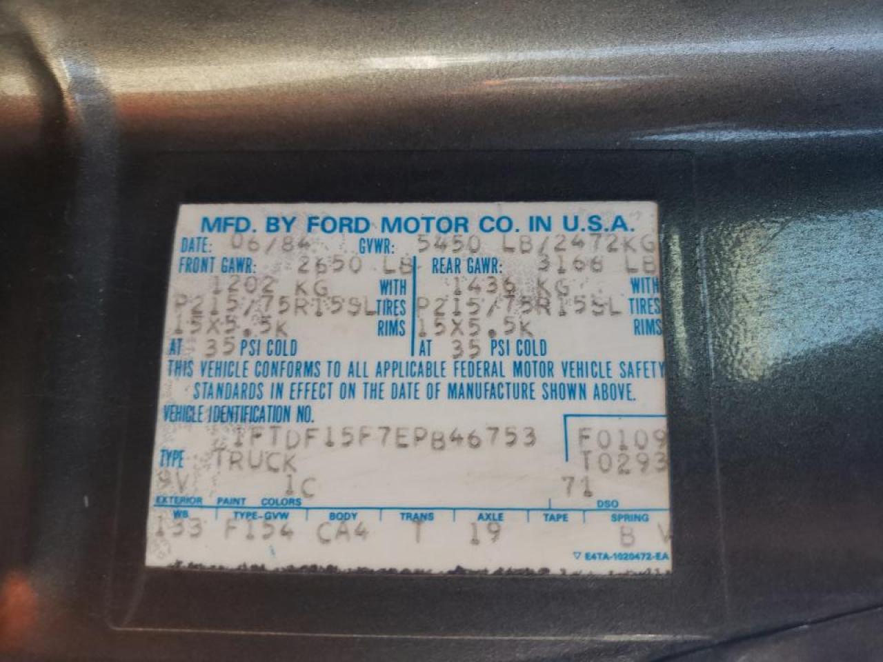 Photo 10 from auction – 1984 FORD F150 with VIN 1FTDF15F7EPB46753