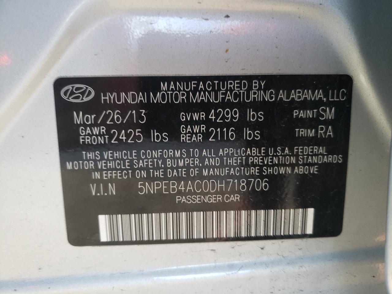 Photo 10 from auction – 2013 HYUNDAI SONATA GLS with VIN 5NPEB4AC0DH718706