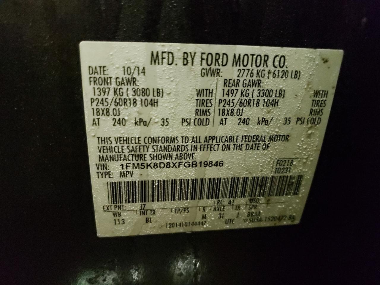 Photo 10 from auction – 2015 FORD EXPLORER X with VIN 1FM5K8D8XFGB19846