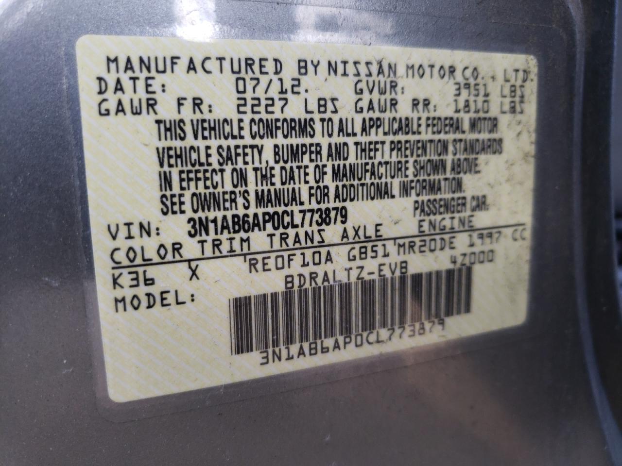 Photo 10 from auction – 2012 NISSAN SENTRA 2.0 with VIN 3N1AB6AP0CL773879