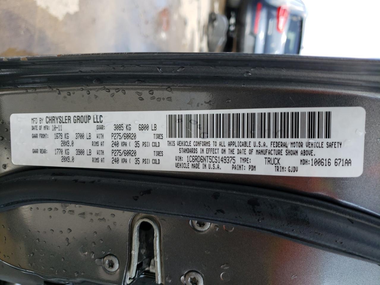 Photo 10 from auction – 2012 DODGE RAM 1500 L with VIN 1C6RD6NT5CS149375