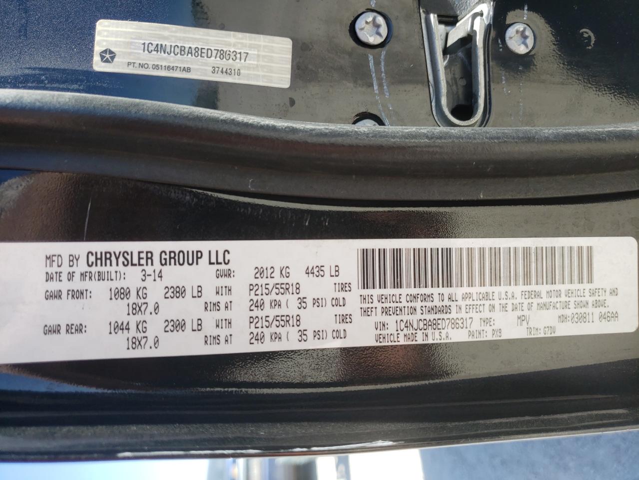 Photo 10 from auction – 2014 JEEP COMPASS SP with VIN 1C4NJCBA8ED786317