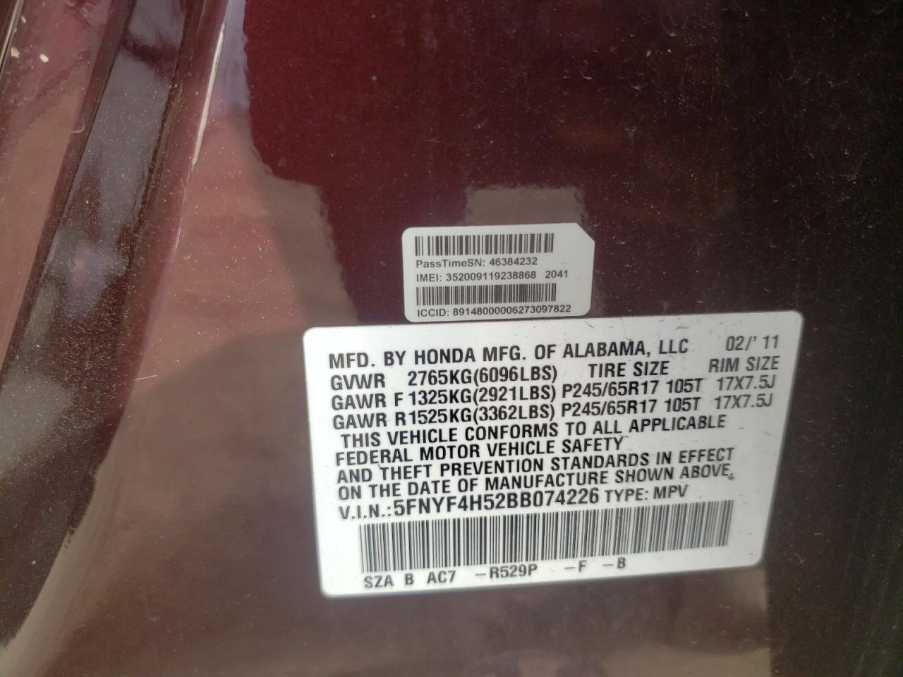 Photo 10 from auction – 2011 HONDA PILOT EXL with VIN 5FNYF4H52BB074226