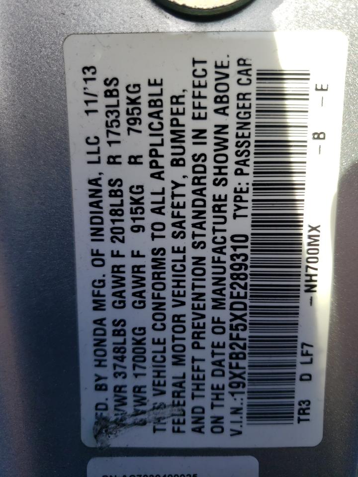 Photo 10 from auction – 2013 HONDA CIVIC LX with VIN 19XFB2F5XDE289310