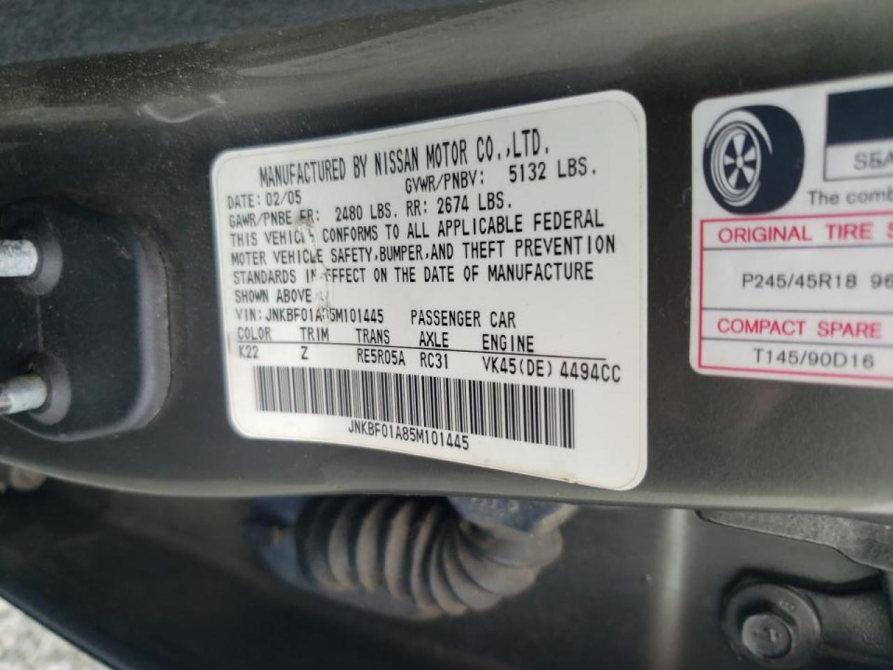 Photo 10 from auction – 2005 INFINITI Q45 with VIN JNKBF01A85M101445
