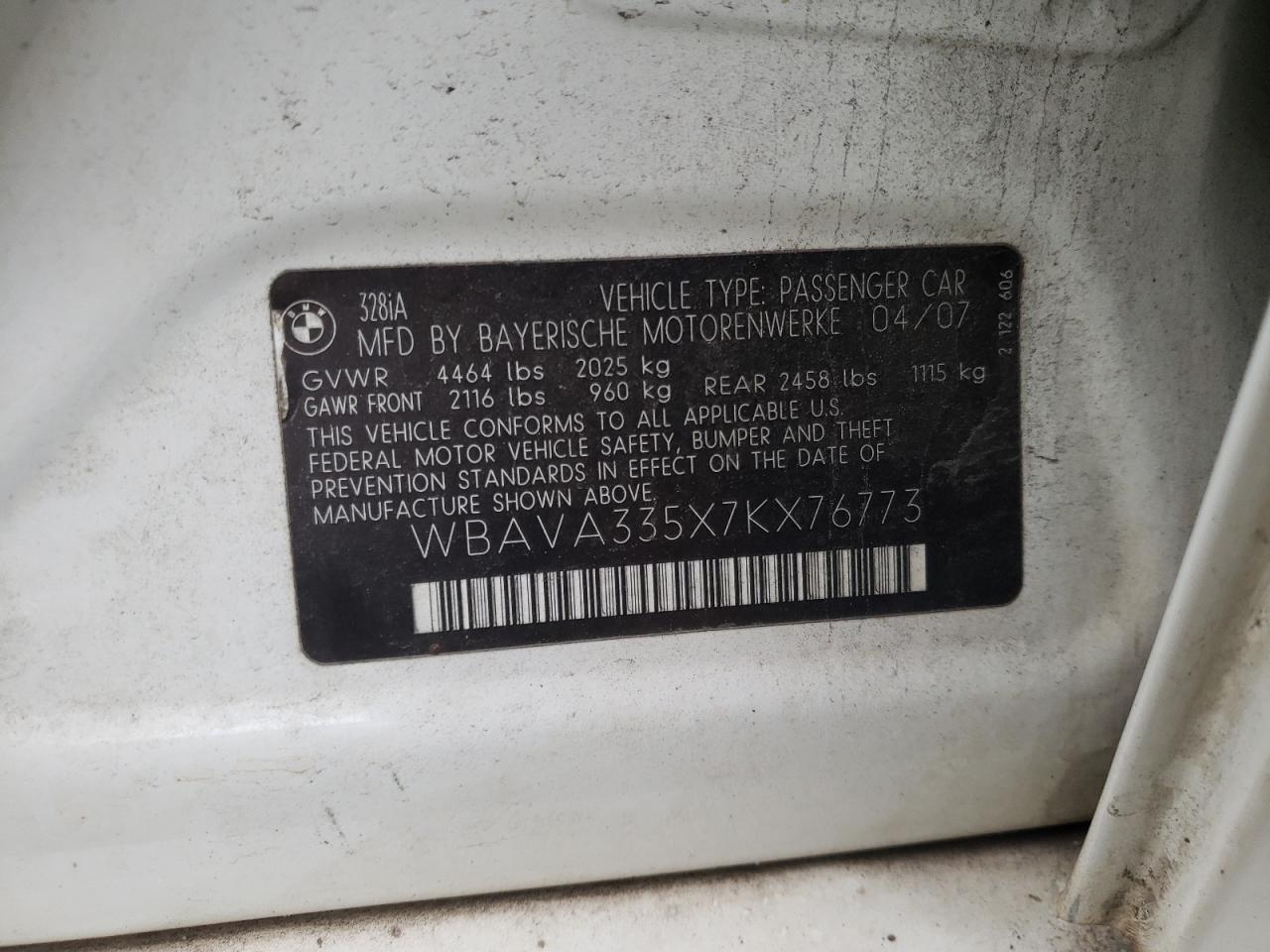 Photo 10 from auction – 2007 BMW 328 I with VIN WBAVA335X7KX76773