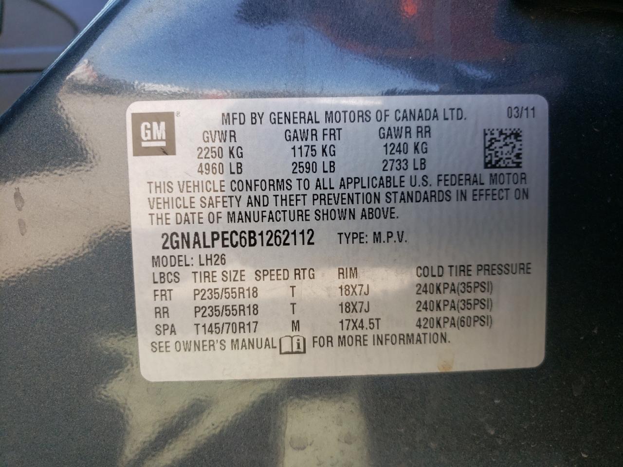 Photo 10 from auction – 2011 CHEVROLET EQUINOX LT with VIN 2GNALPEC6B1262112
