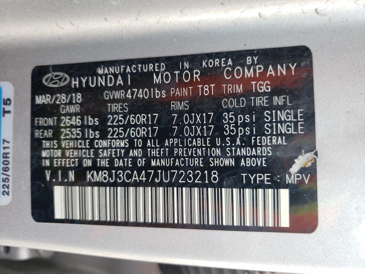 Photo 10 from auction – 2018 HYUNDAI TUCSON SEL with VIN KM8J3CA47JU723218