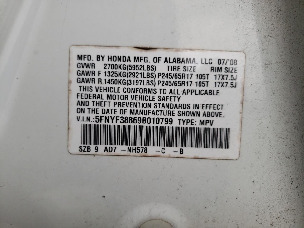 Photo 10 from auction – 2009 HONDA PILOT TOUR with VIN 5FNYF38869B010799