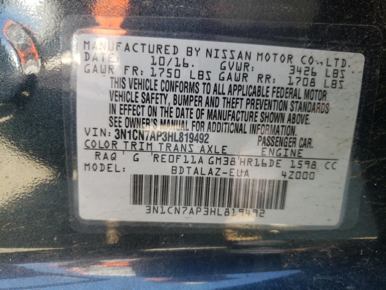 Photo 10 from auction – 2017 NISSAN VERSA S with VIN 3N1CN7AP3HL819492