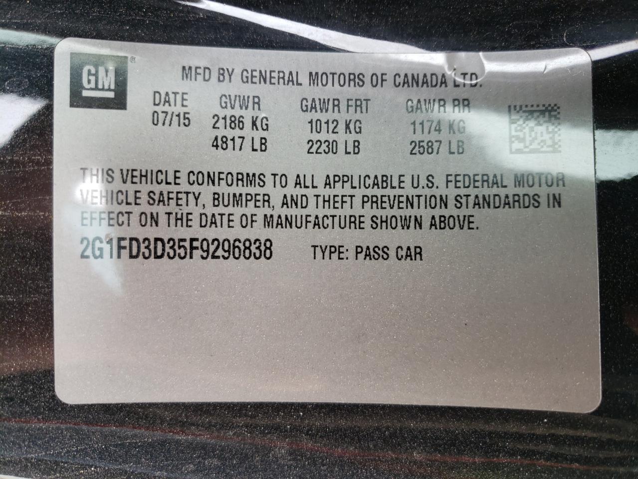 Photo 10 from auction – 2015 CHEVROLET CAMARO LT with VIN 2G1FD3D35F9296838