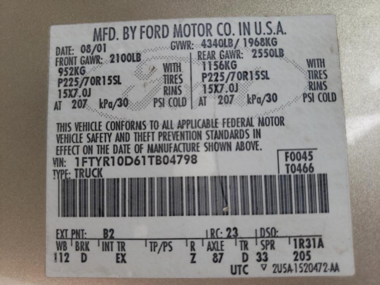 Photo 10 from auction – 2001 FORD RANGER with VIN 1FTYR10D61TB04798