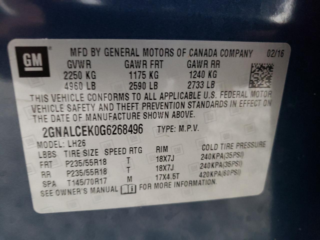 Photo 10 from auction – 2016 CHEVROLET EQUINOX LT with VIN 2GNALCEK0G6268496