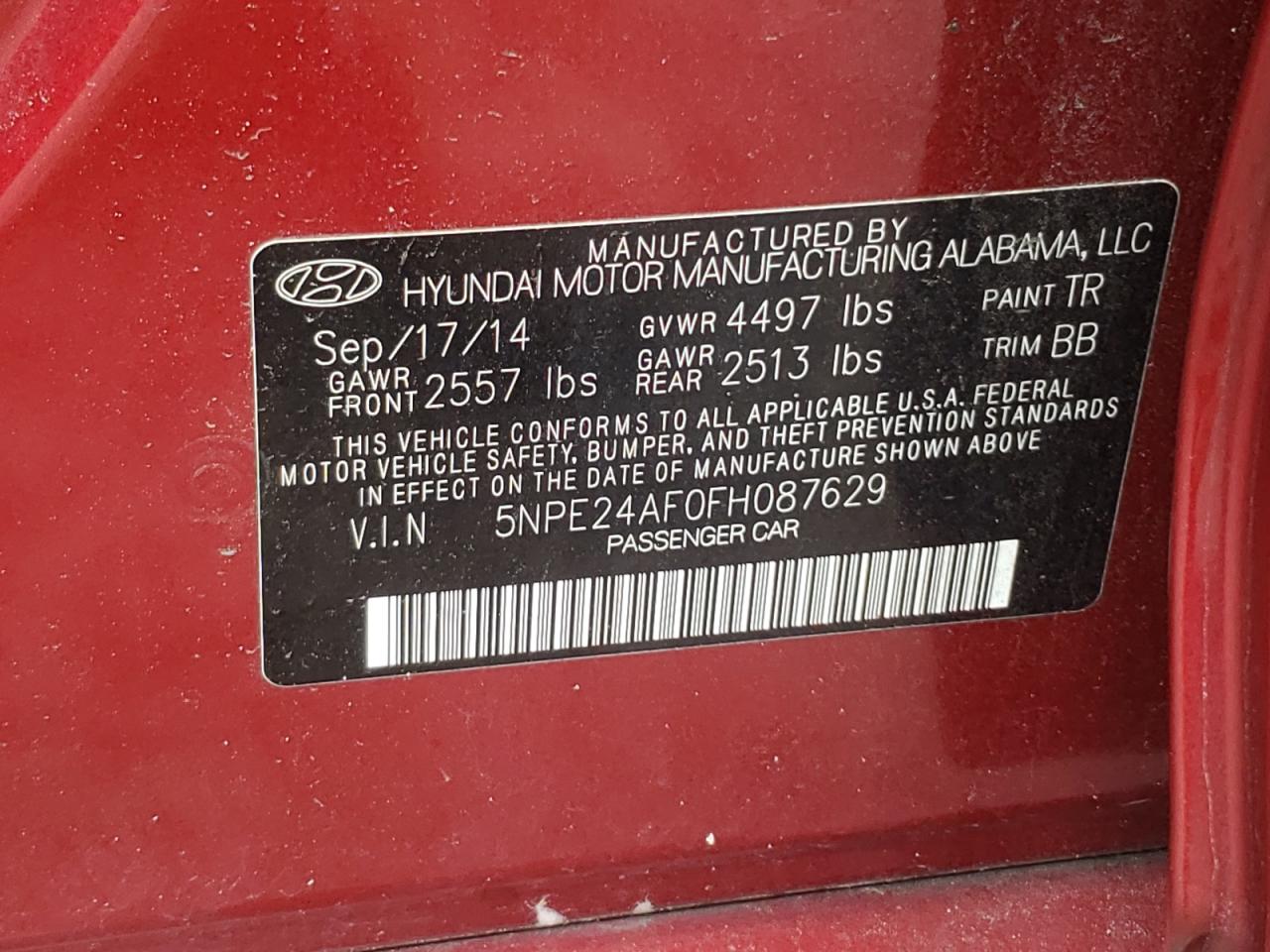 Photo 10 from auction – 2015 HYUNDAI SONATA SE with VIN 5NPE24AF0FH087629