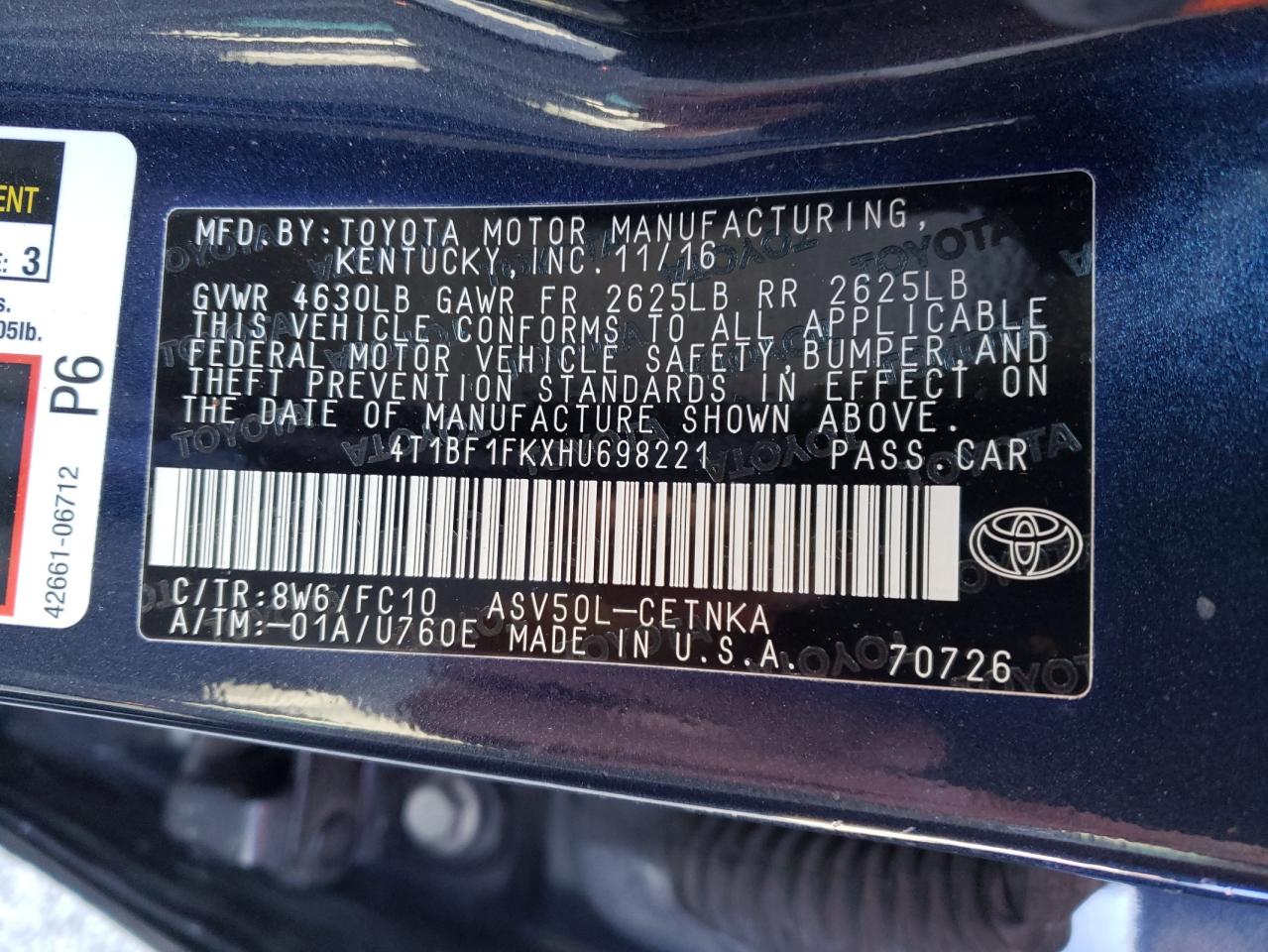 Photo 10 from auction – 2017 TOYOTA CAMRY LE with VIN 4T1BF1FKXHU698221