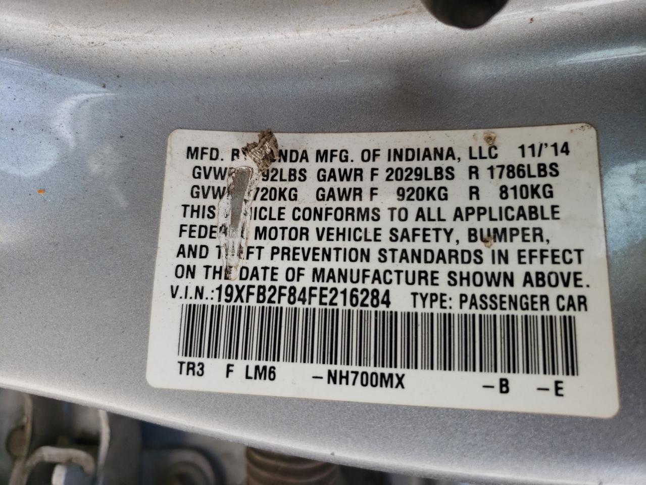 Photo 10 from auction – 2015 HONDA CIVIC EX with VIN 19XFB2F84FE216284