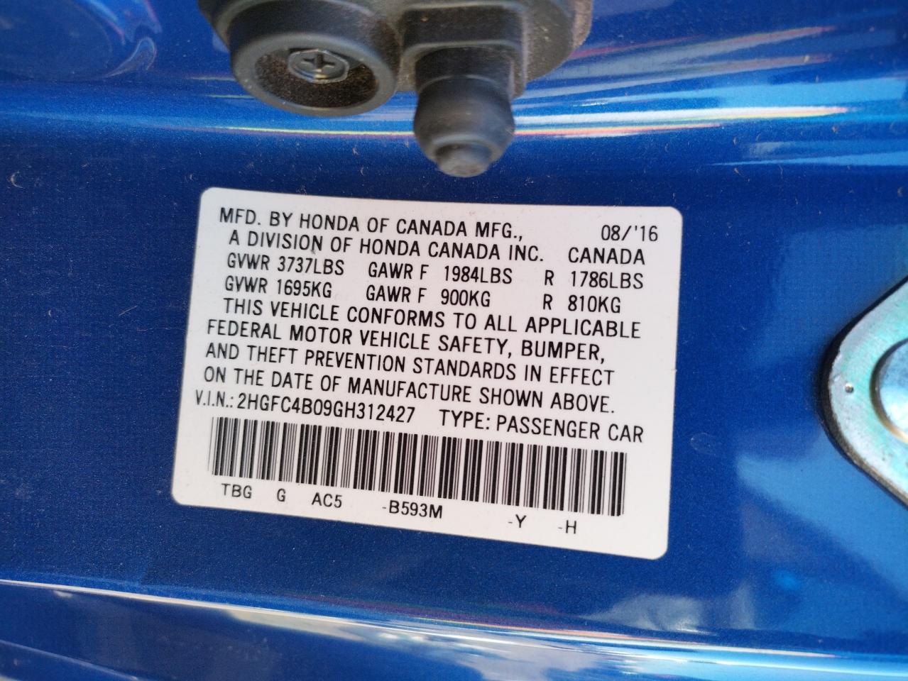 Photo 10 from auction – 2016 HONDA CIVIC LX with VIN 2HGFC4B09GH312427