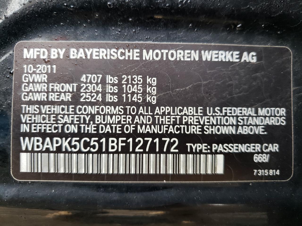 Photo 10 from auction – 2011 BMW 328 XI SUL with VIN WBAPK5C51BF127172