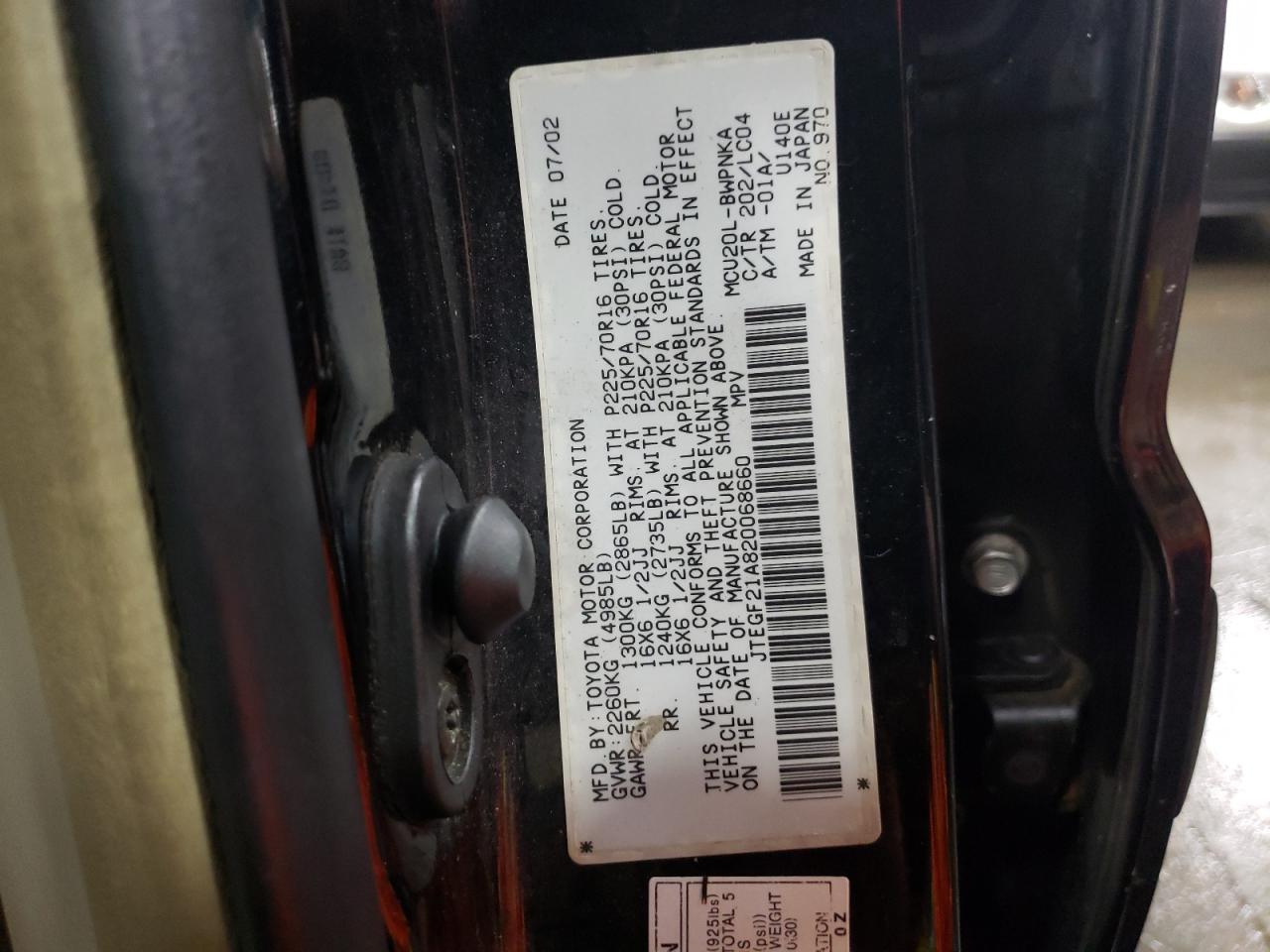 Photo 10 from auction – 2002 TOYOTA HIGHLANDER with VIN JTEGF21A820068660