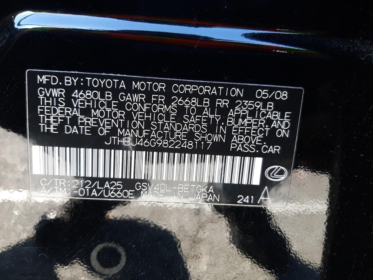 Photo 10 from auction – 2008 LEXUS ES 350 with VIN JTHBJ46G982248117