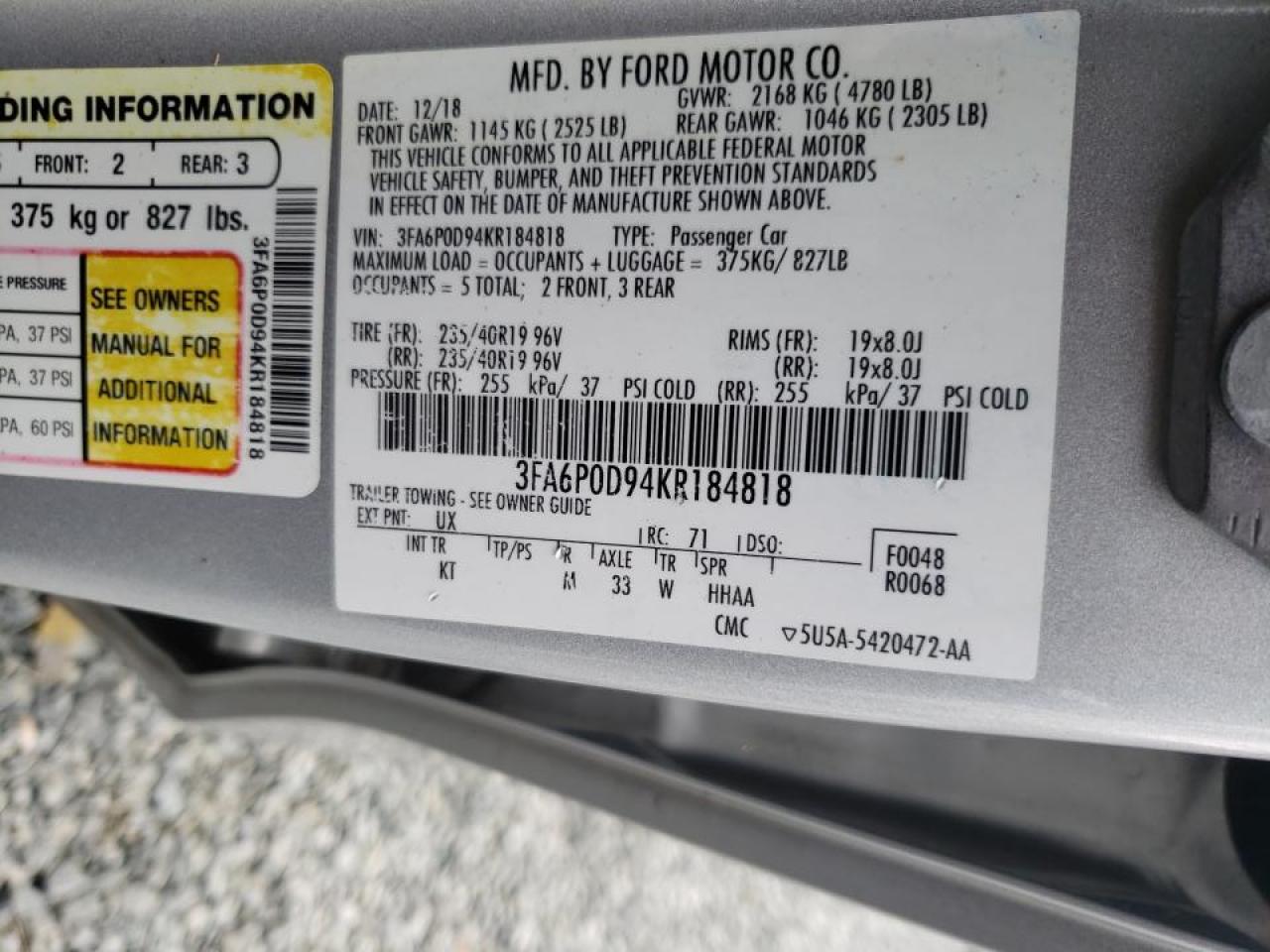 Photo 10 from auction – 2019 FORD FUSION TIT with VIN 3FA6P0D94KR184818