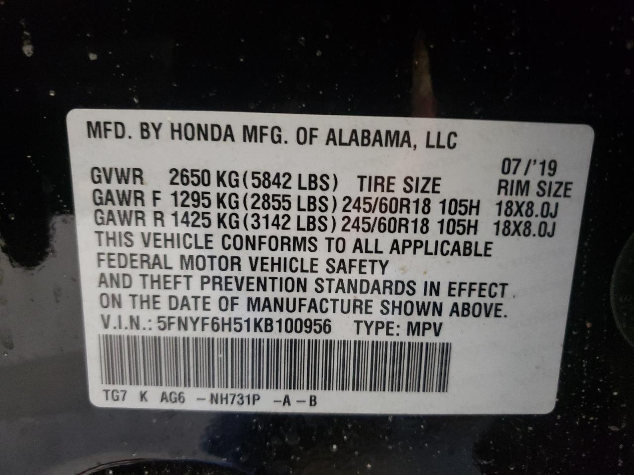 Photo 10 from auction – 2019 HONDA PILOT EXL with VIN 5FNYF6H51KB100956