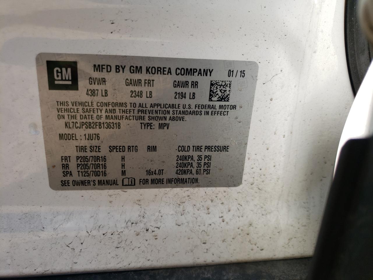 Photo 10 from auction – 2015 CHEVROLET TRAX 1LS with VIN KL7CJPSB2FB136318