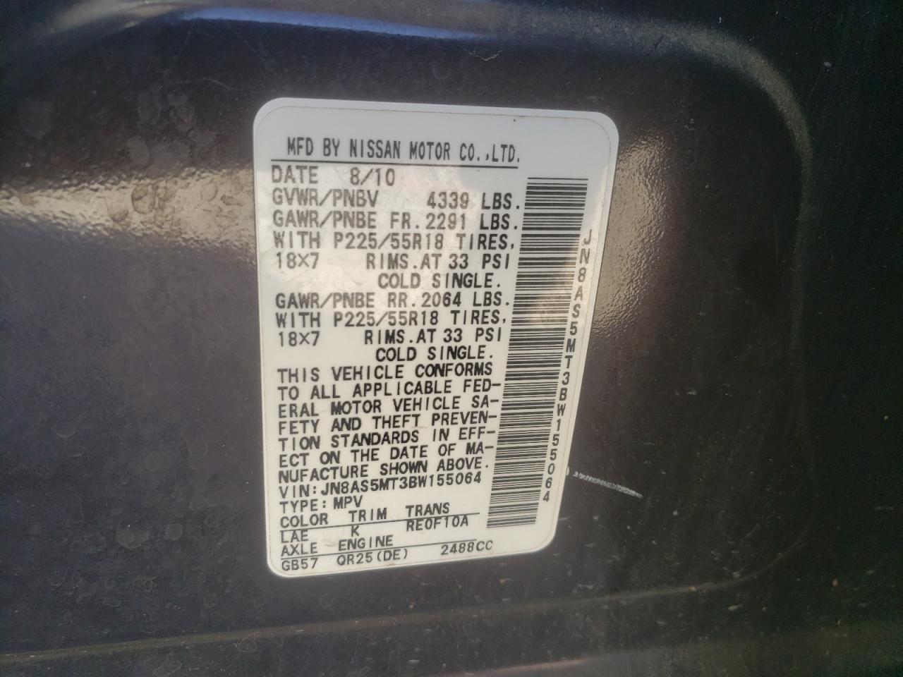 Photo 10 from auction – 2011 NISSAN ROGUE with VIN JN8AS5MT3BW155064