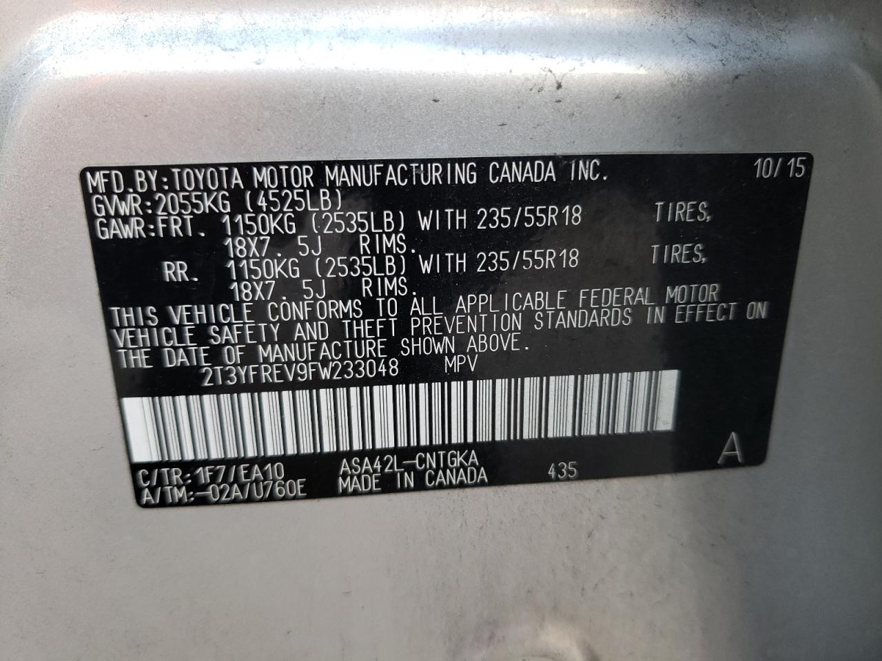 Photo 10 from auction – 2015 TOYOTA RAV4 LIMIT with VIN 2T3YFREV9FW233048
