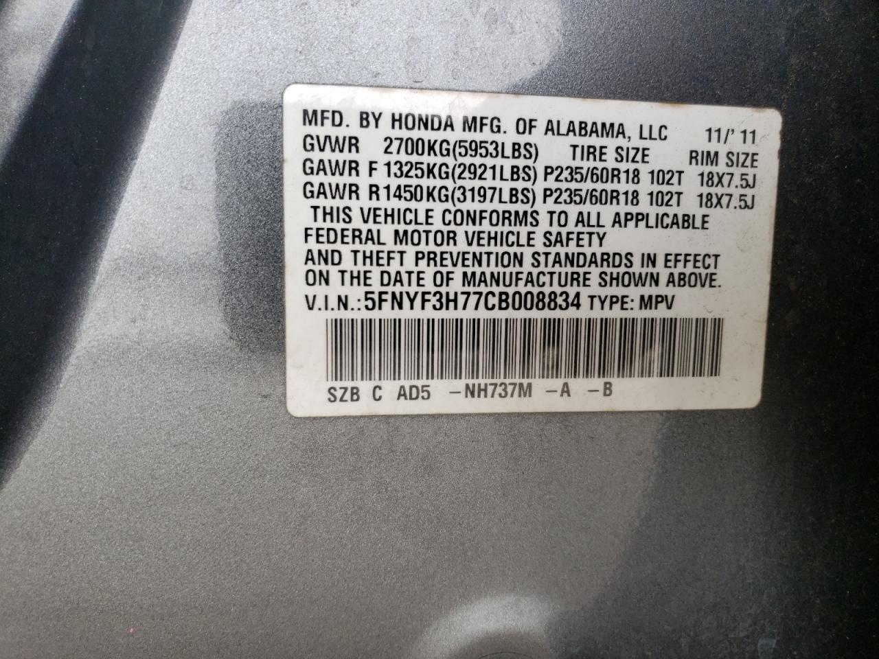Photo 10 from auction – 2012 HONDA PILOT EXLN with VIN 5FNYF3H77CB008834